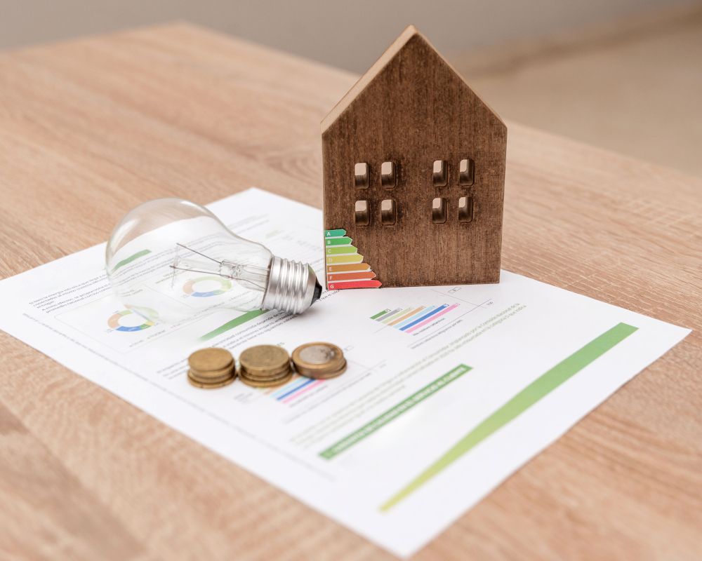 Imagen de una factura de luz, bombilla, monedas sueltas y una figura de una casa. Imagen que hacer referencia al asesoramiento y ahorro energético en la factura de la luz.