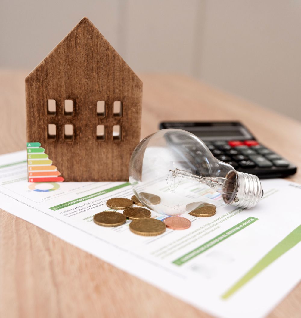 Imagen de una casa de madera con el gráfico de la eficiencia energética, una bombilla, una calculadora, monedas y una factura de luz.